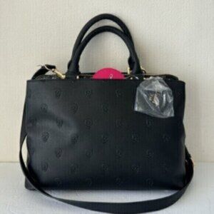 Betsey Johnson Black Embossed Skull Handbag Crossbody W Mirror Charm